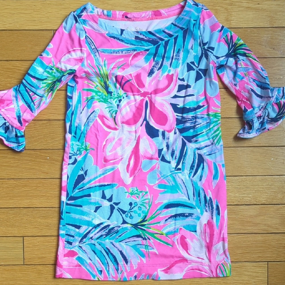 Lilly Pulitzer Pink Tropical Floral Shift Dress with Teal & Navy Accents